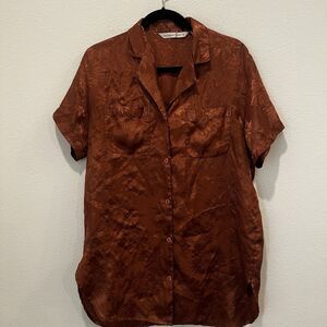 Vtg Victoria's Secret Brown Floral Print Pajama Dress Womens Short Sleeve Size S